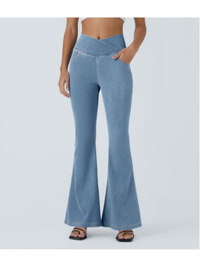 Halara Flex™ High Waisted Crossover Flare Jeans Light Blue M NWT